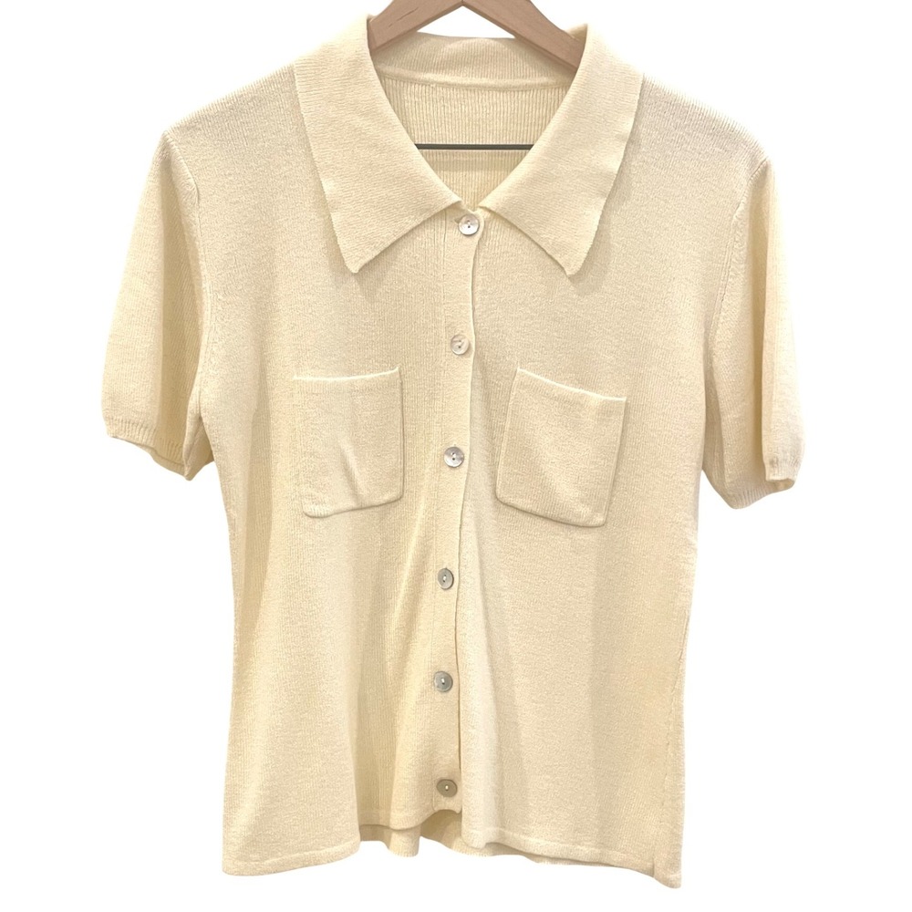 Vintage Style Cream Short Sleeve Knit Button Down Polo Sweater Cream Cottagecore